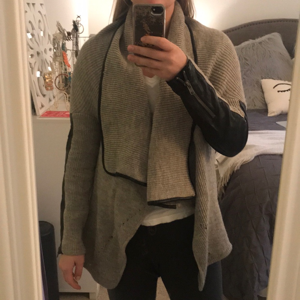 Dex Grey cardigan with black leather paneling